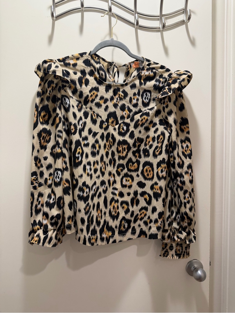 Anthro english Factory Leopard Print Ruffle Shoulder Blouse - Black, Cream, Gold